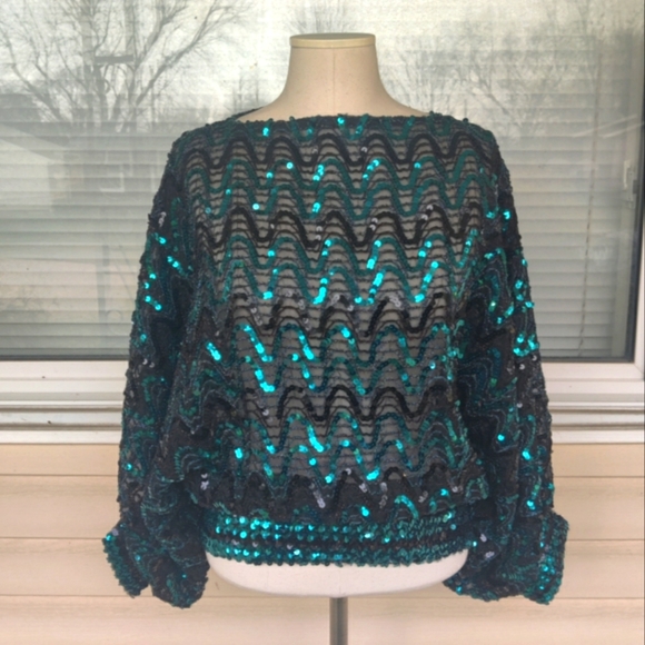 XS/S/M/L 70s/80s Green Sequin Dolman Batwing Sleeve Poncho Party Top - Picture 1 of 9